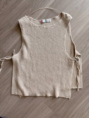 Neutral Cream Ribbed Off-the-Shoulder Tie-Side Sweater Top